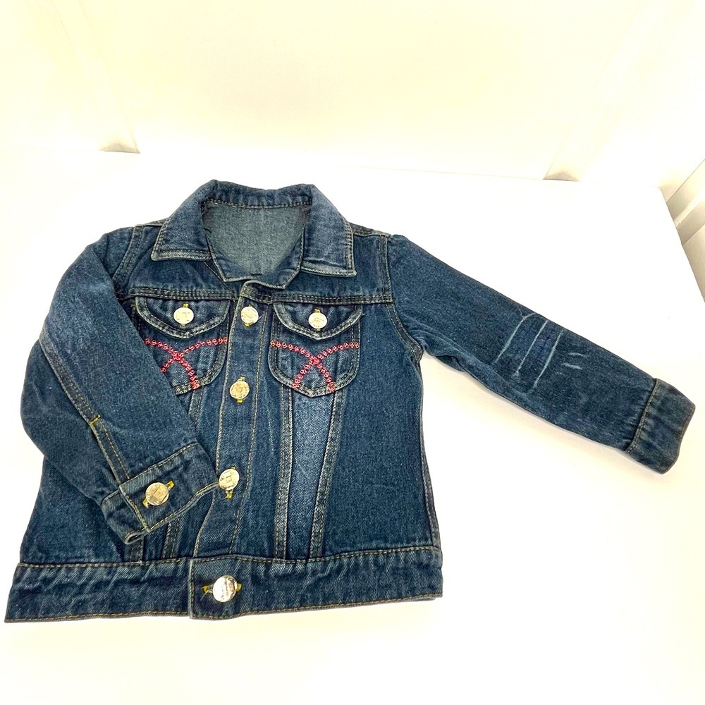 Girls’ Blue Denim Jean Jacket with Embroidered Pink Fleur-de-Lis
